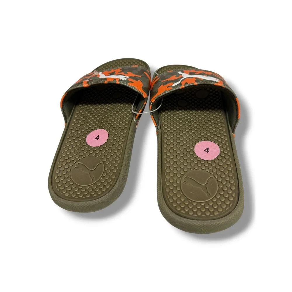 Puma Cool Cat Camo Slides‎ Kids Size 4 Olive Green Orange Camouflage Sandals NEW